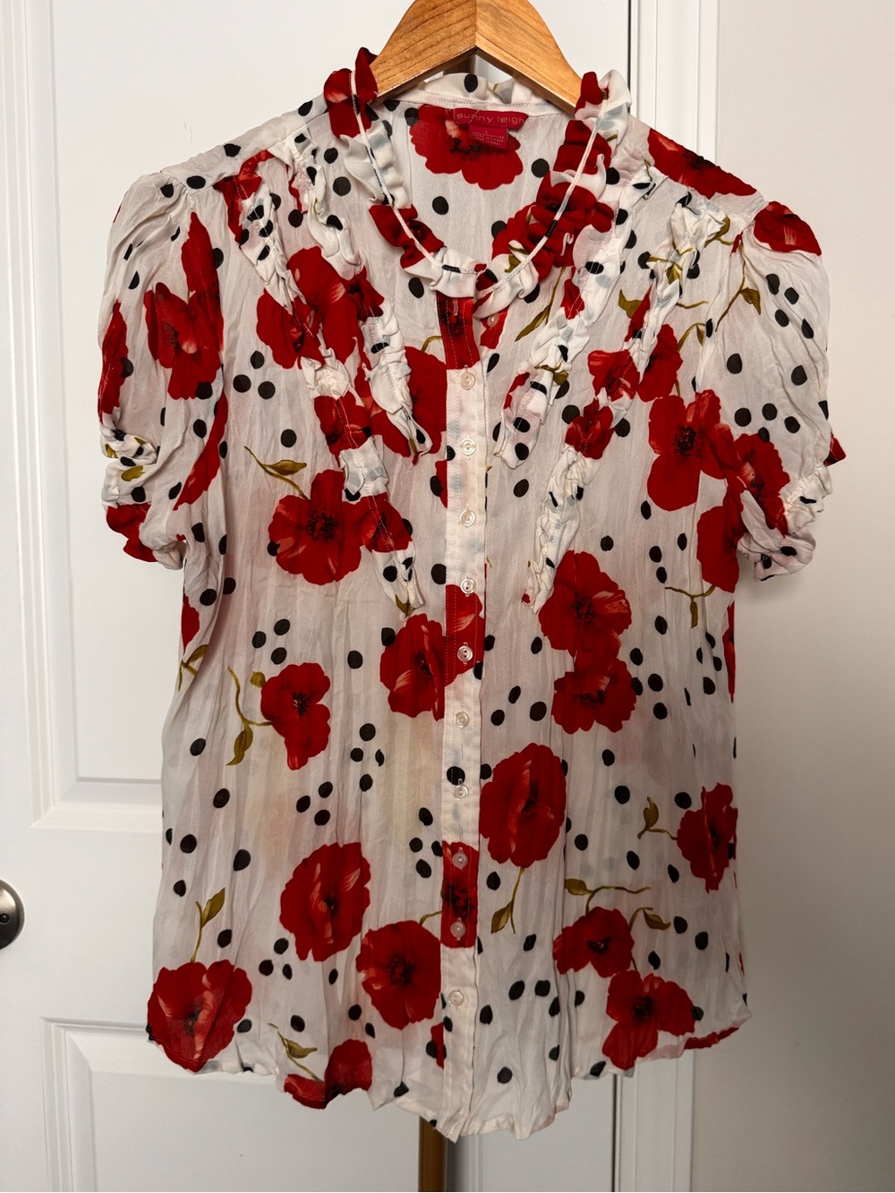 Sunny Leigh White Blouse with Red Floral & Black Polka Dots